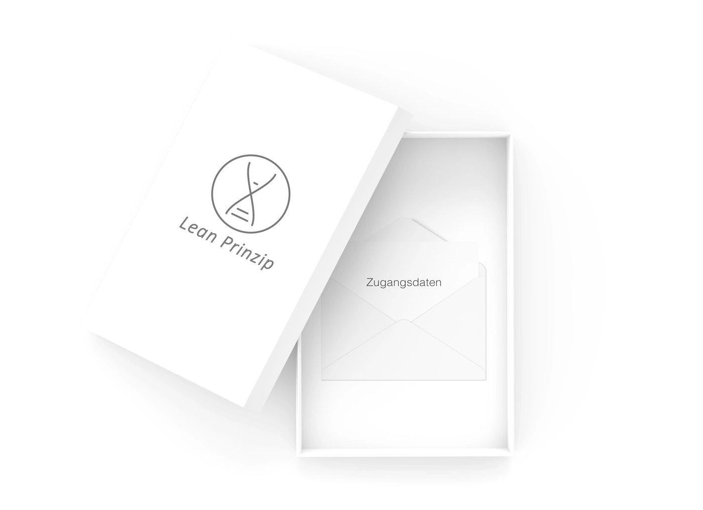 Weiße Schachtel mit dem Signet und dem Schriftzug Lean Prinzip auf dem Deckel, darin ein Umschlag mit der Aufschrift Zugangsdaten