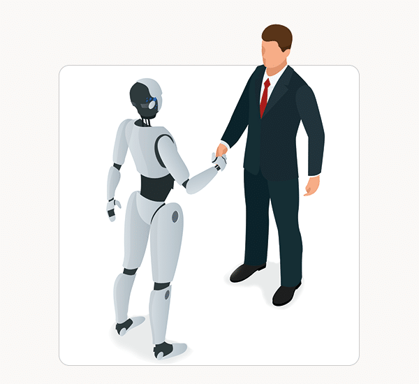 Humans and robots with AI shake hands and are friends.