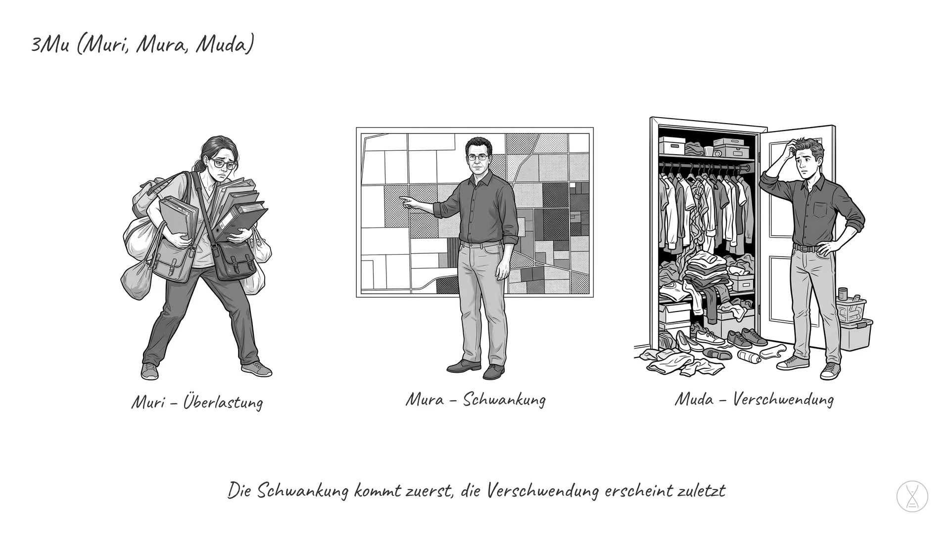 3Mu (Muri, Mura, Muda): 3Mu fasst die drei Verlustarten zusammen, die zusammen auftreten: Muri ist Überlastung, Mura ist
