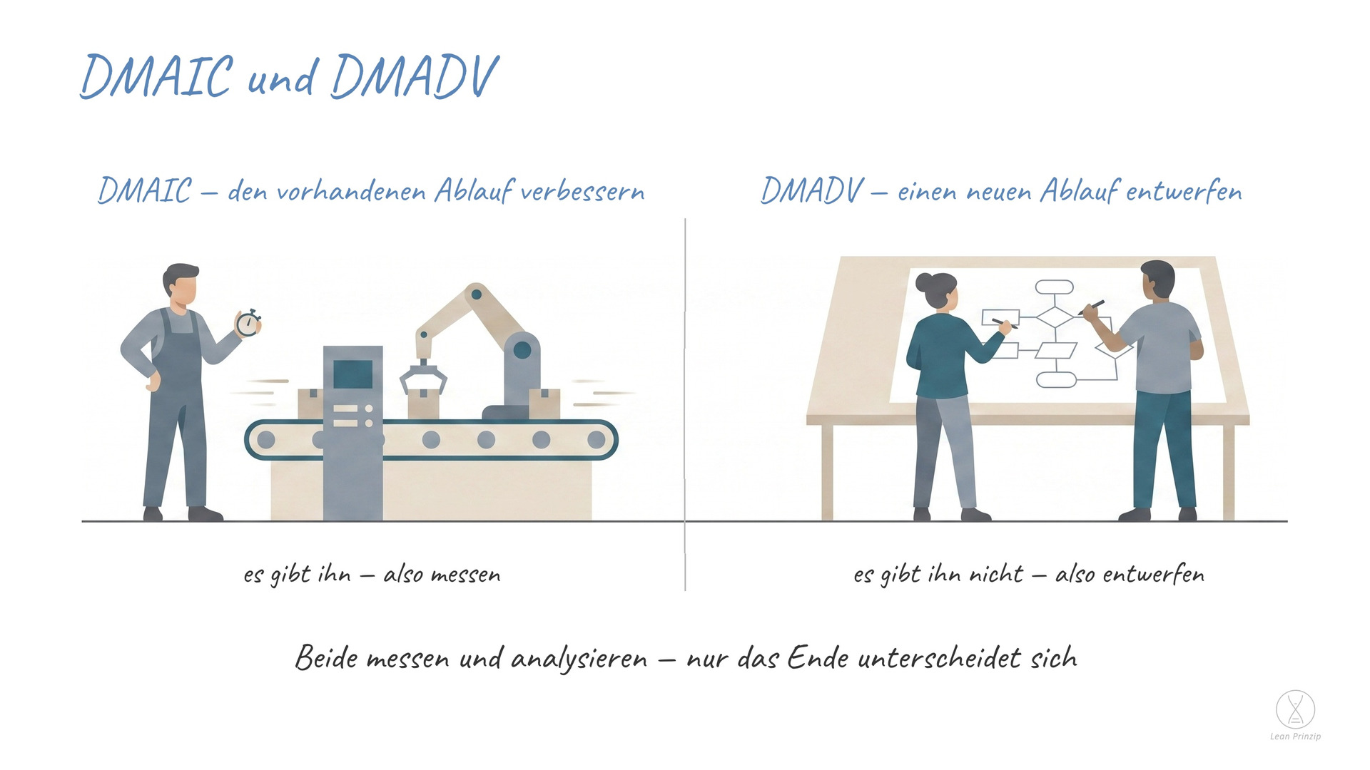 DMAIC und DMADV: DMAIC steht für Define, Measure, Analyze, Improve, Control — definieren, messen, analysieren, verbessern