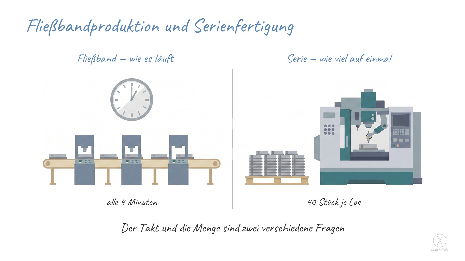 Fließbandproduktion und Serienfertigung: Fließbandproduktion beschreibt, wie ein Vorgang läuft — getaktet an festen