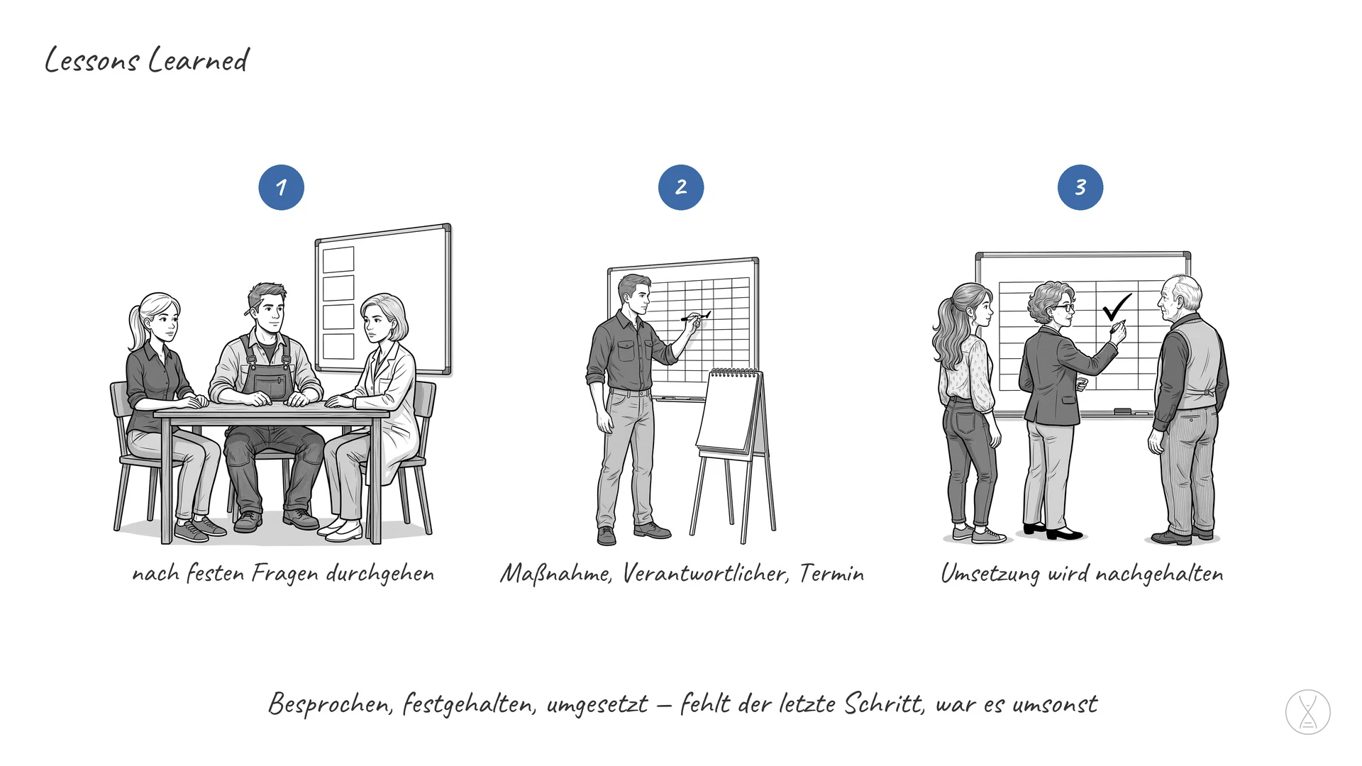 Lessons Learned: Lessons Learned heißt auf Deutsch gelernte Lektionen: Nach einem Vorhaben wird strukturiert
