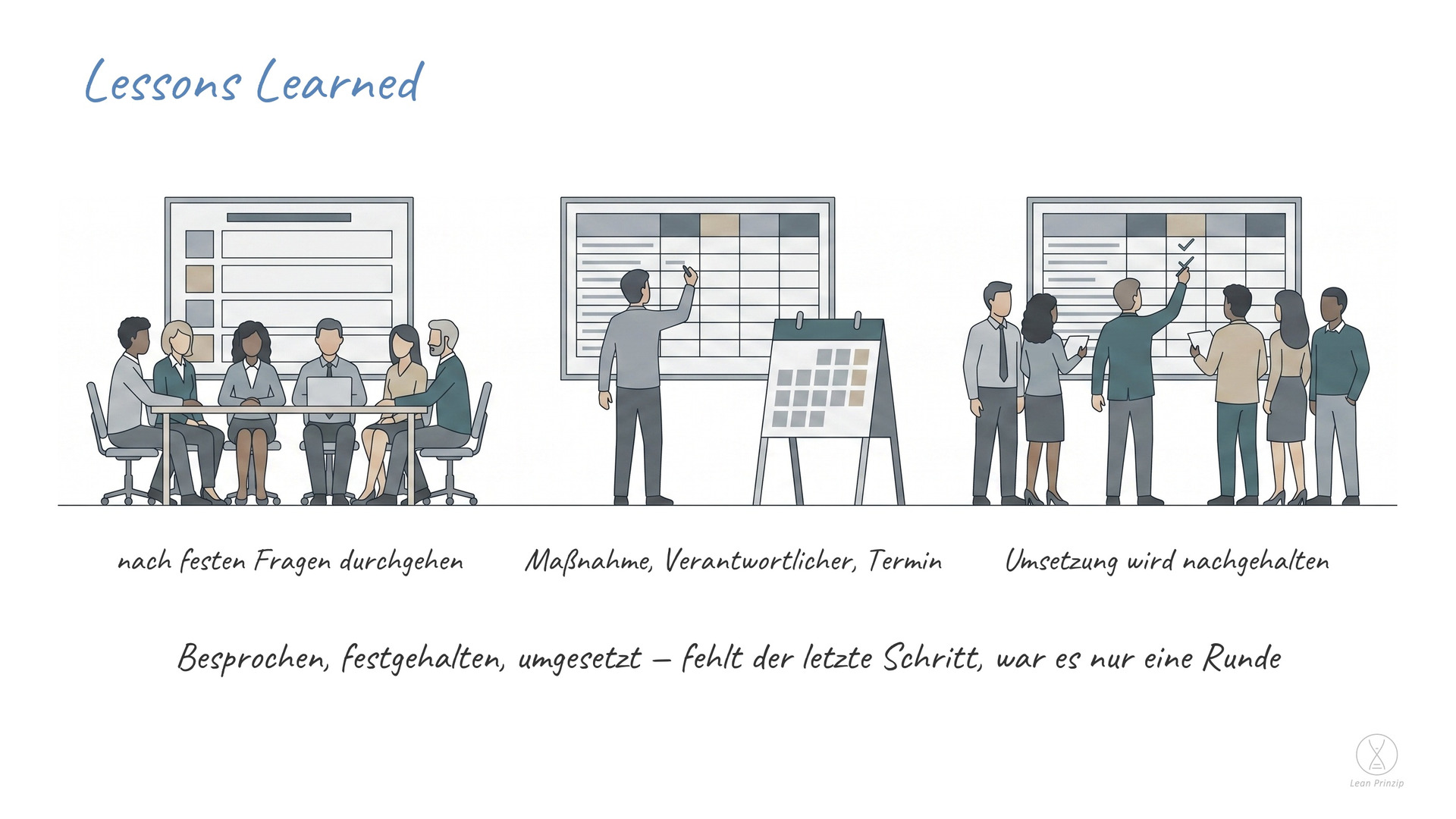 Lessons Learned: Lessons Learned heißt auf Deutsch gelernte Lektionen: Nach einem Vorhaben wird strukturiert