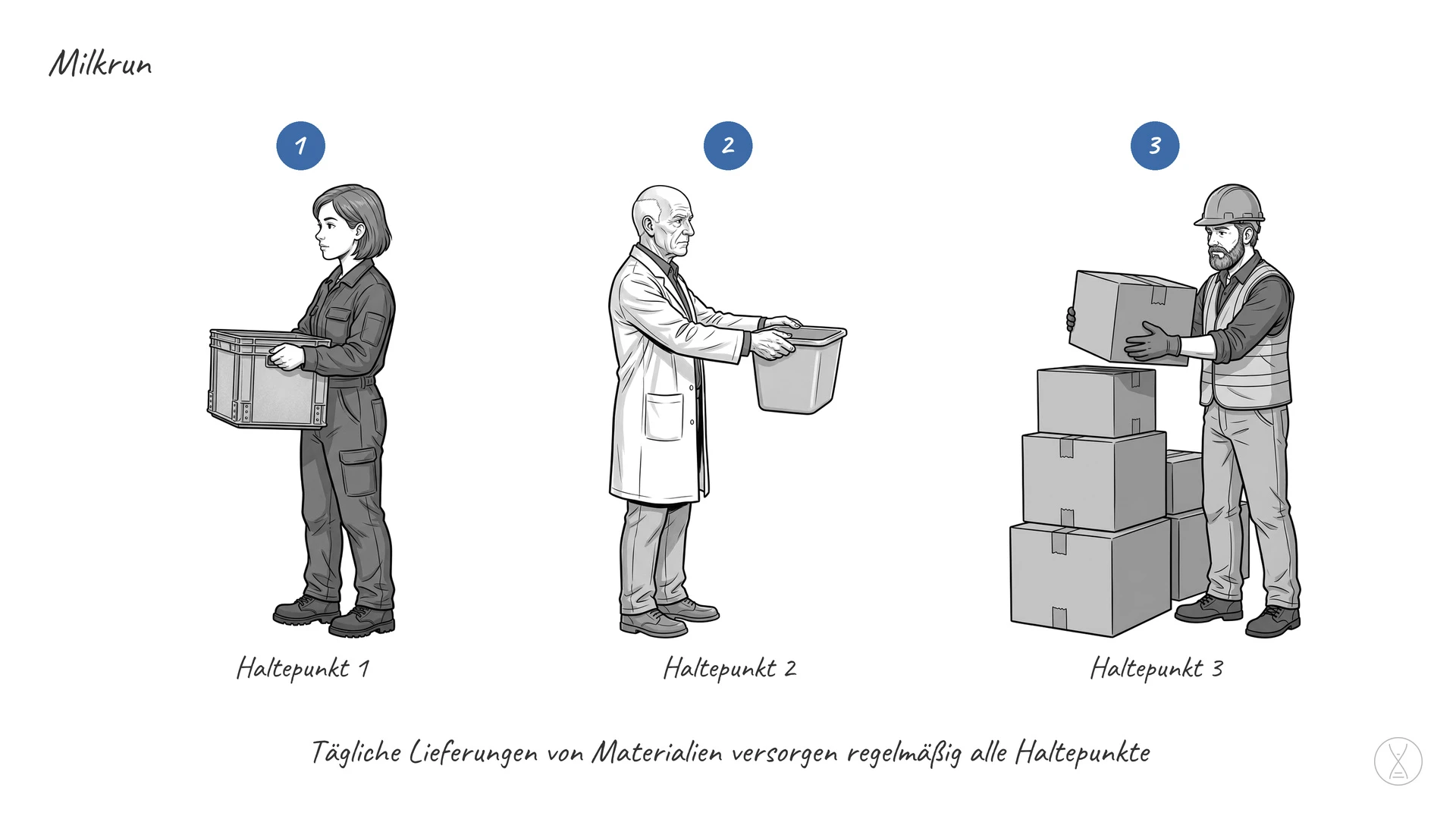 Milkrun: ein System im Unternehmen, das Abtransporte und Zulieferungen in einem regelmäßigen Zeitzyklus festlegt.