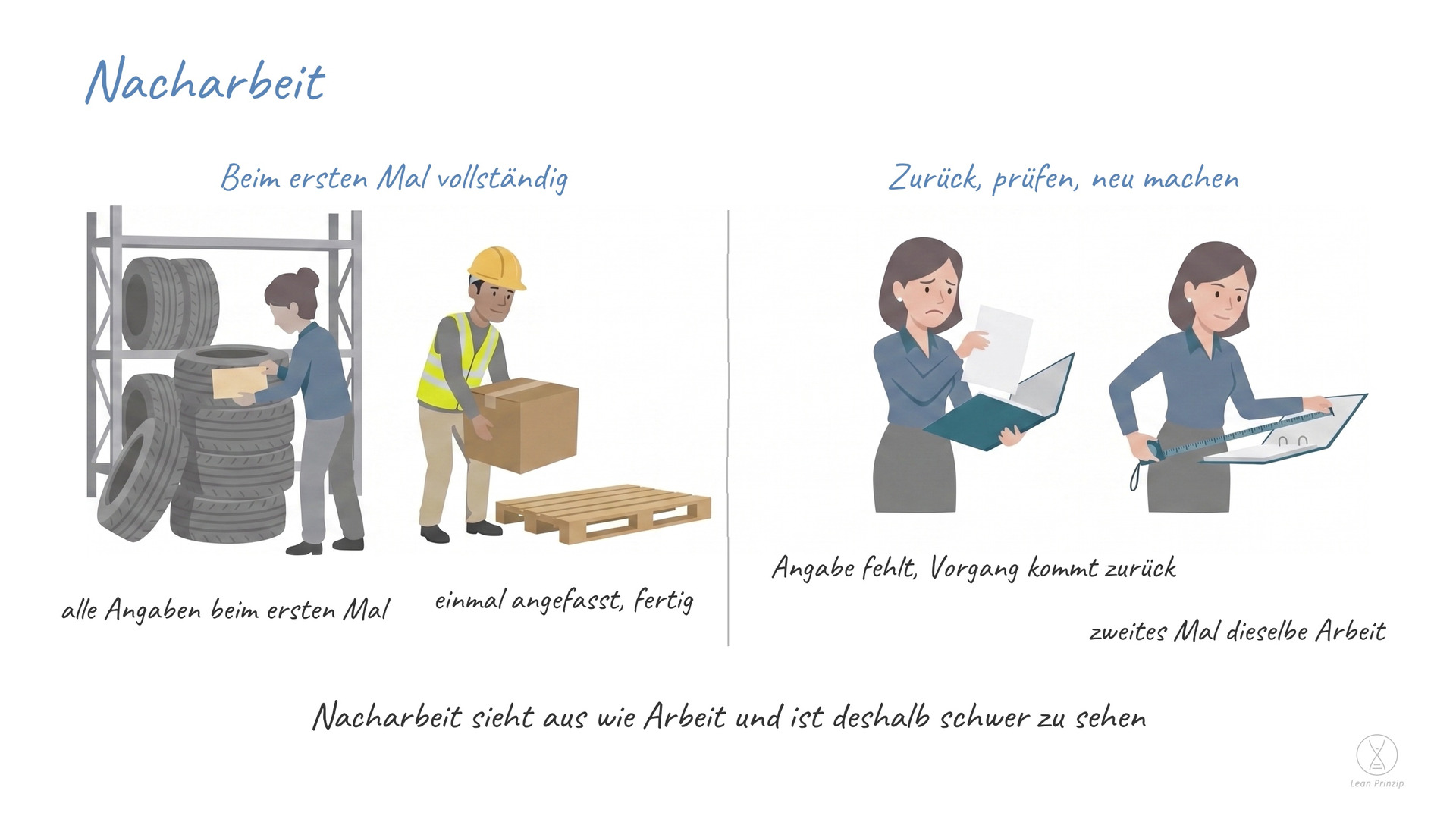 Nacharbeit: jede Arbeit, die nur nötig wird, weil etwas beim ersten Mal nicht richtig gemacht oder nicht richtig übergeben