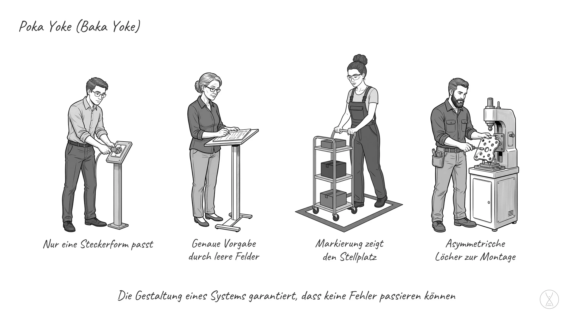 Poka Yoke (Baka Yoke): Poka Yoke beschreibt eine Gestaltung eines Systems oder Standards, die garantieren soll, dass keine