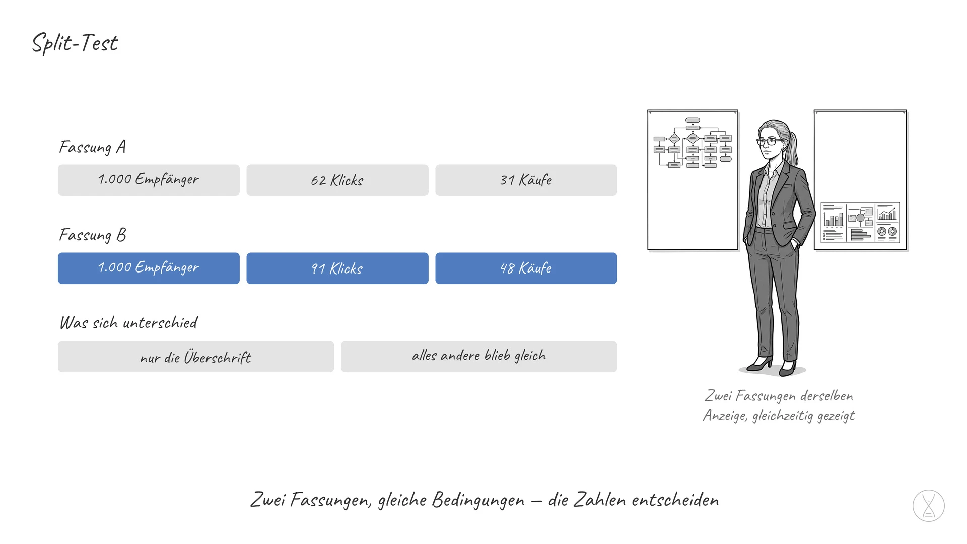 Split-Test: Ein Split-Test, auch A/B-Test genannt — auf Deutsch geteilter Versuch —, zeigt zwei Fassungen gleichzeitig