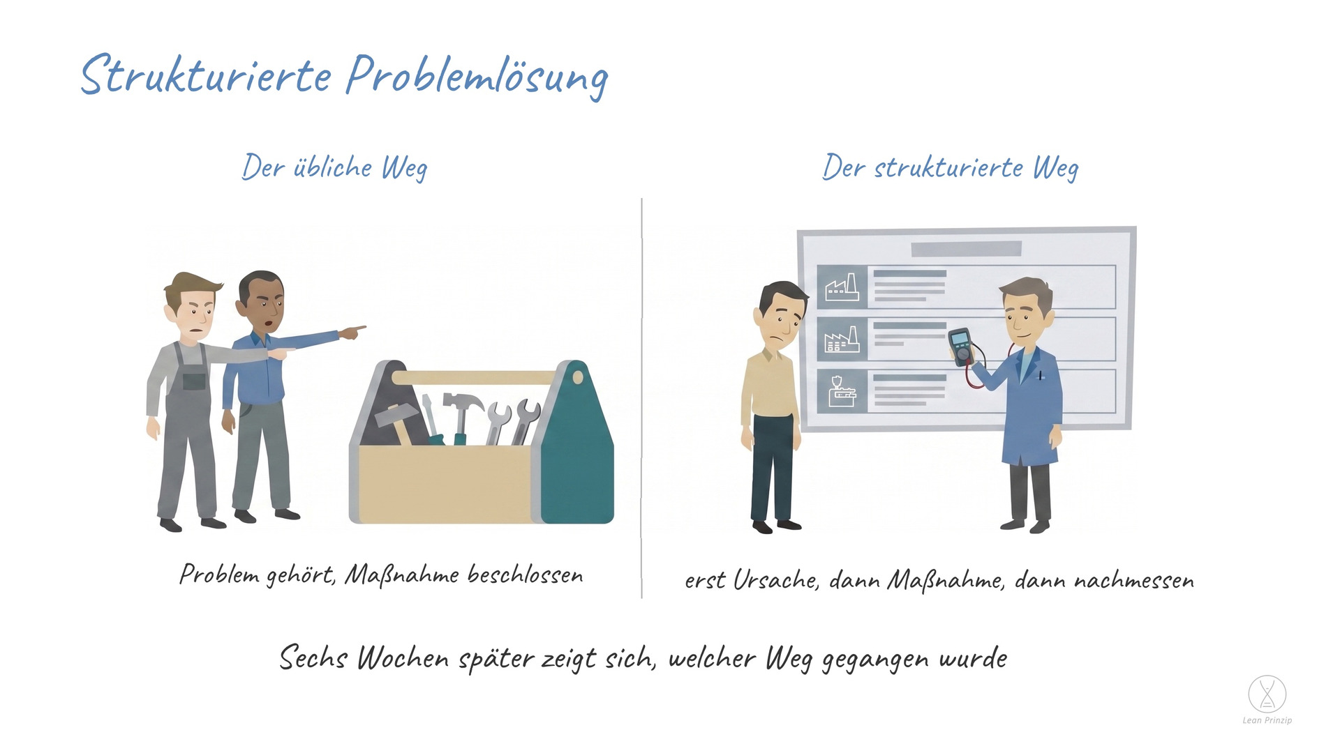 Strukturierte Problemlösung: Strukturierte Problemlösung heißt, zwischen Problem und Maßnahme verbindlich zwei Schritte zu
